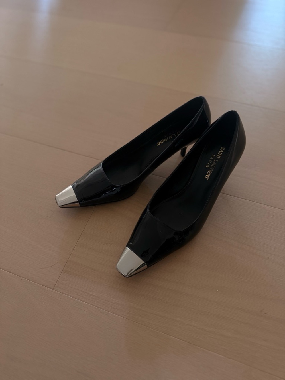 Saint Laurent Black Patent Pumps with Silver Cap Toe